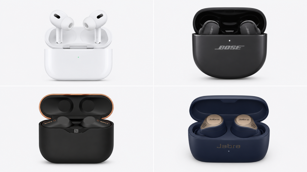 Grid de 4 auriculares inalámbricos distintos sobre fondo neutro claro,RankingTech